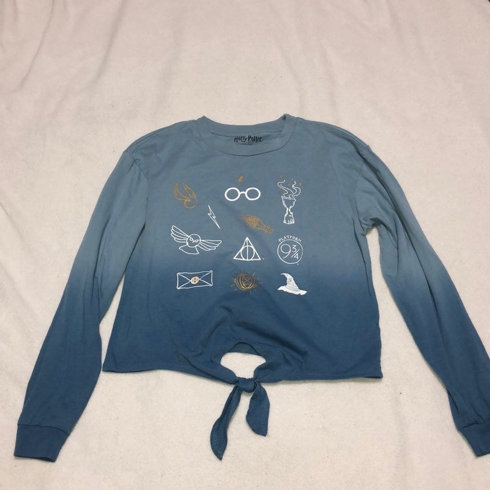 Harry Potter Graphic Tee Long Sleeve Tie Front Blue Ombre Size S‎